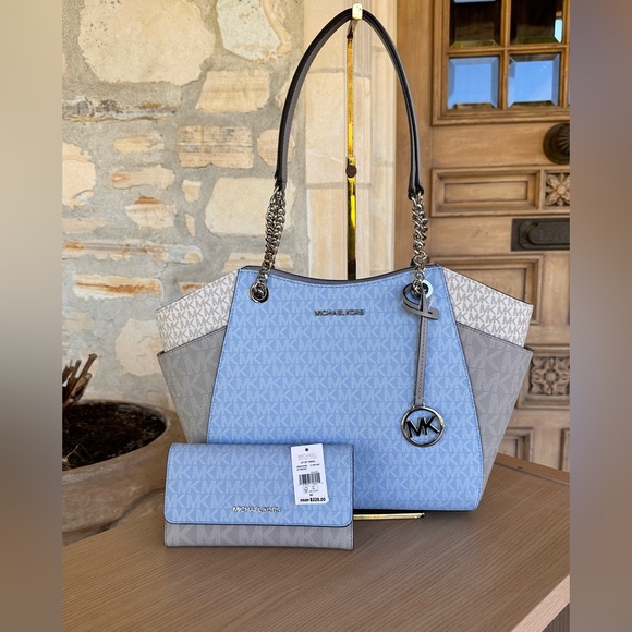 Michael Kors Blue and Gray Shoulder Bag with Chain Detail - Picture 1 of 15